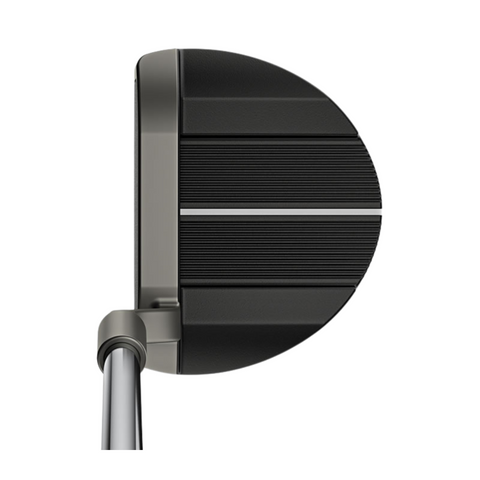 Top-down view of the Ping 2025 Scottsdale Oslo 3 Putter, a modern high MOI putter with a rounded black head, horizontal grooves, white alignment lines, and a silver shaft with metallic hosel.