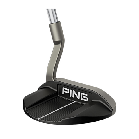 A close-up of the Ping 2025 Scottsdale Oslo 3 Putter shows its black head, silver shaft, and white alignment line against a white background, highlighting the precision design and easy aim features of this golf club.