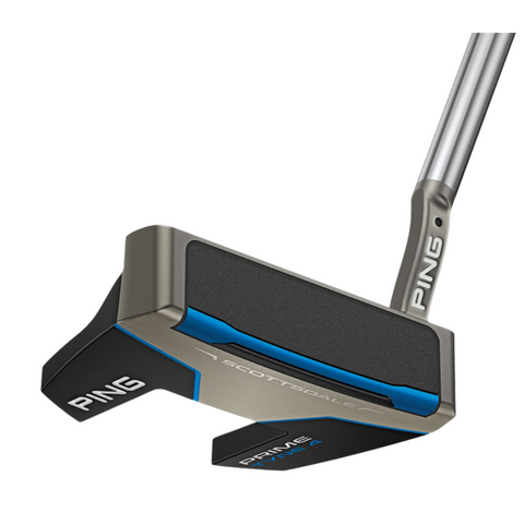 A close-up of the 2025 Ping Scottsdale Prime Tyne 4 Putter, a high-MOI mallet with black and silver head, blue accents, and angular design—ideal for golfers with a strong arc stroke.