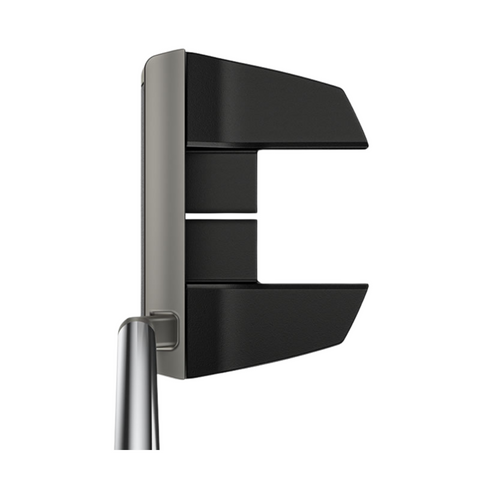 The Ping 2025 Scottsdale Prime Tyne 4 Putter features a black, high-MOI mallet head with an angular design and two white alignment lines, designed for strong arc strokes. Shaft is attached at the lower left against a white background.