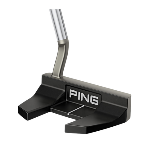 The PING 2025 Scottsdale Prime Tyne 4 Putter features a black and silver, high-MOI mallet head with the white Ping logo on the back and an angled metallic shaft designed for a strong arc stroke.