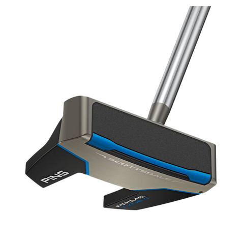 A close-up of the Ping 2025 Scottsdale Prime Tyne C Putter shows a compact mallet design with a metallic finish, black and blue accents, the Ping logo on the head, and an upward-angled silver shaft.