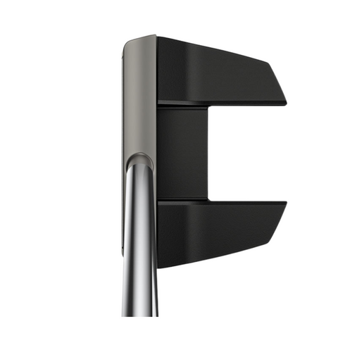 Top view of a Ping 2025 Scottsdale Prime Tyne C Putter with a metallic shaft and compact mallet head featuring geometric cutouts, isolated on a white background.