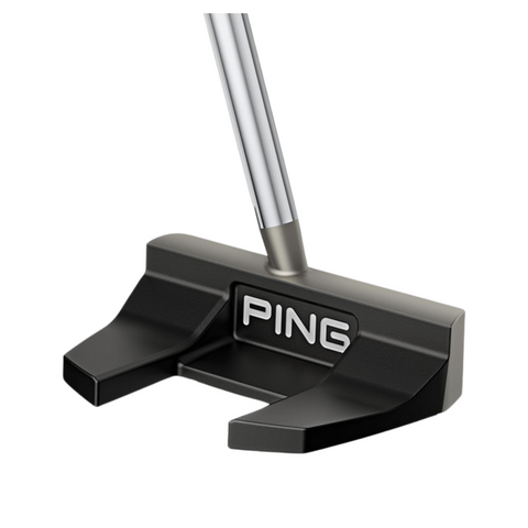 A close-up of the PING 2025 Scottsdale Prime Tyne C Putter head by Ping, featuring a black and silver modern, angular design with the Ping logo centered and high-MOI putter performance.