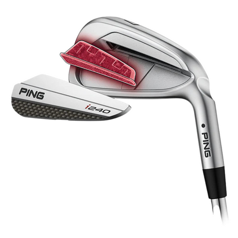A close-up of the PING 2025 i240 Irons Set from Ping is shown, highlighting its silver cavity back design and a red insert that illustrates advanced players irons technology.