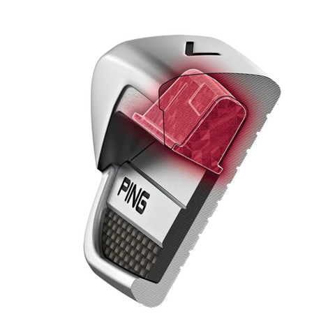 A silver Ping 2025 i240 Irons Set is displayed with a semi-transparent overlay showing its red internal structure, highlighting advanced technology and making it a standout in any golf irons set, all on a white background.