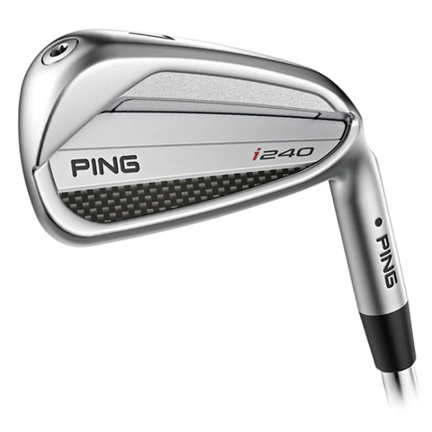 The PING 2025 i240 Irons Set features a sleek silver design with black accents and a textured back, angled to highlight the Ping branding and model—ideal for golfers seeking premium players irons.