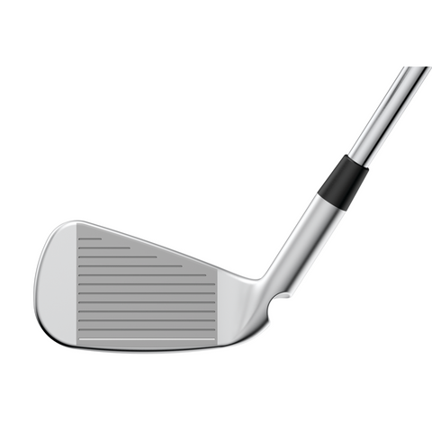 A close-up of the Ping PING 2025 iDi Driving Irons shows detailed grooves on the silver clubface and part of the shaft—a sleek long-iron alternative against a white background.