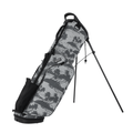 The PING 2026 Moonlander Stand Bag | Grey Isles by Ping features a black palm tree pattern, lightweight carbon fibre legs, and a shoulder strap, and is shown upright on its extended stand.
