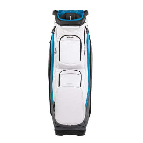 The Ping DLX 244 Cart Golf Bag boasts a white design with blue and black accents, multiple zippered pockets, and the iconic Ping logo—ideal for golf bag NZ fans seeking style and function.