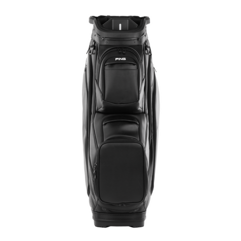 The Ping DLX 244 Cart Golf Bag stands upright against a white background, showcasing multiple zippered compartments and a sturdy top handle—a premium black golf bag ideal for golfers in New Zealand.