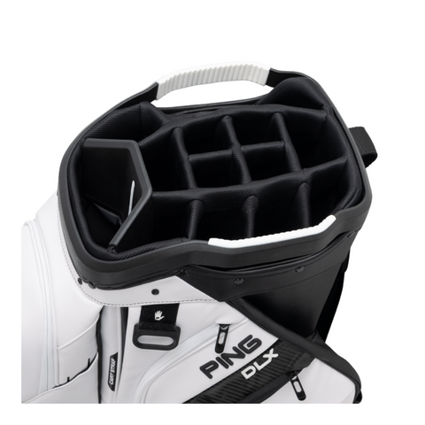 The Ping PING DLX 244 Cart Golf Bag offers multiple club dividers and a large handle—perfect for golfers in NZ seeking a premium, luxury golf bag.