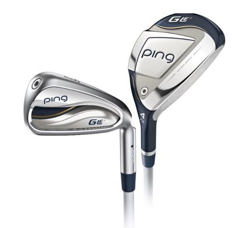 The PING G Le 3 Women’s Irons Set (5H, 6H, 7-PW+SW) by Ping features silver, navy, and gold detailing on a white background—a forgiving set of golf irons and hybrids designed for women.