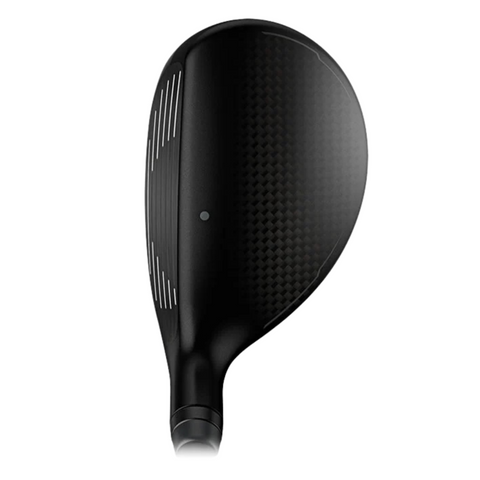A close-up of the Ping G440 Hybrid golf club head reveals a smooth, subtly textured surface with white alignment lines, designed for forgiveness and easy launch.