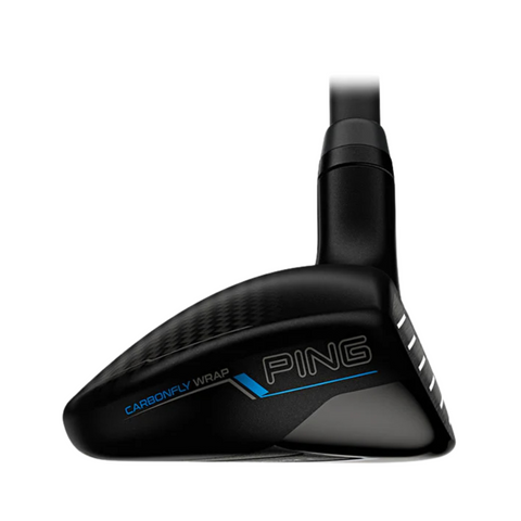 A close-up of the Ping G440 Hybrid golf club head shows its CARBONFLY WRAP for easy launch and forgiveness, with Ping in blue and white text on the side against a white background.