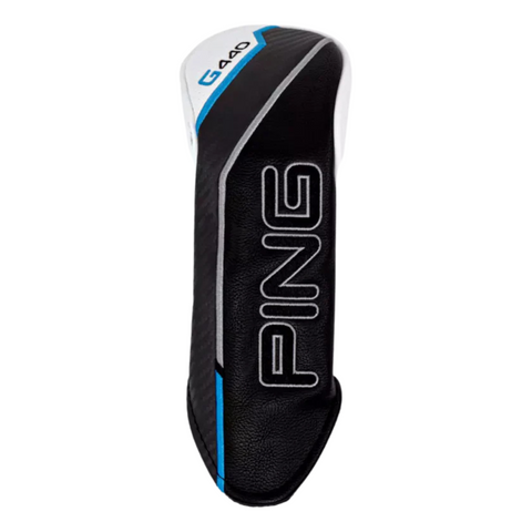 A black, white, and blue PING G440 Hybrid headcover with large PING branding down the front and G440 text on the top edge, designed for easy launch and forgiveness.