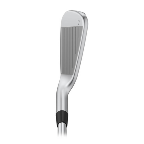 The PING G440 Irons Set (5-PW+UW) by Ping is displayed at a slight angle, showcasing its grooved clubface and sleek silver finish against a white background—ideal for golfers seeking game-improvement irons.