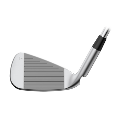 A close-up of a silver Ping G440 Irons Set (5-PW+UW) club head displays its horizontal grooves and part of the shaft against a white background—showcasing this game-improvement model by Ping.