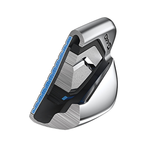 A cross-sectional view of the PING G440 Irons Set (5-PW+UW) by Ping reveals inner layers and a blue insert, showcasing the advanced engineering and multi-material construction designed for game-improvement performance.