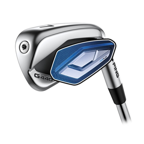 A close-up of a PING G440 iron from the Ping G440 Irons Set (5-PW+UW), featuring silver with blue accents and a modern game-improvement design.