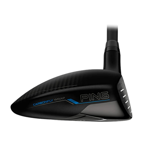 A close-up of the Ping PING G440 Max Fairway Wood | Left-Handed shows the text CARBONFLY WRAP and blue accents on the black clubhead, with its metal face and grooves—a premium choice for left-handed golfers.