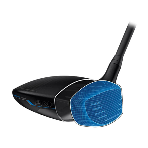 The Ping G440 Max Fairway Wood | Left-Handed is shown in black with a digital blue overlay accentuating its advanced clubface design, angled toward the viewer on a clean white background.