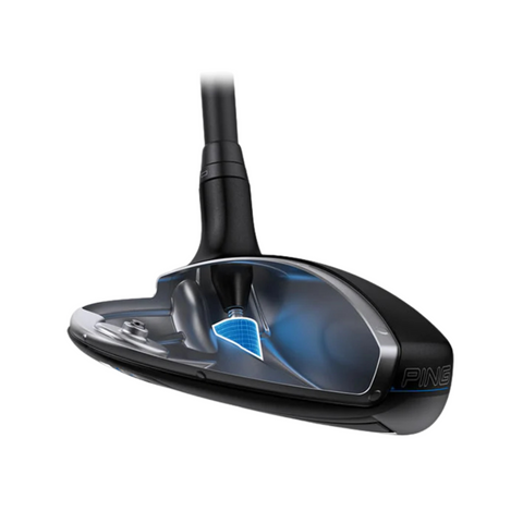 The Ping PING G440 Max Fairway Wood | Left-Handed, shown in black with blue-highlighted cutaway views, reveals its advanced internal technology and design—making it the ideal fairway wood for left-handed golfers.