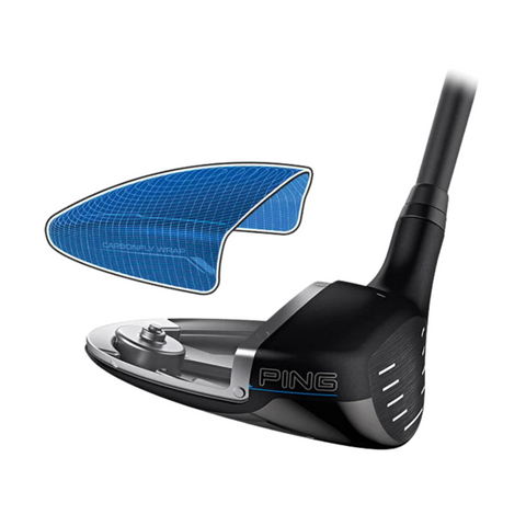 A close-up of the Ping G440 Max Fairway Wood | Left-Handed shows a blue overlay illustrating its carbonfly wrap technology, highlighting the internal design and innovation of this advanced left-handed fairway wood from Ping.