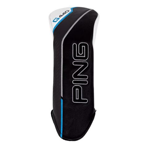 A black Ping headcover with blue and white accents, featuring “PING” vertically in white and “G 400” at the top—perfect for protecting your PING G440 Max Fairway Wood | Left-Handed or any left-handed golf club.