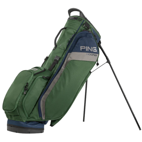 The Ping Hoofer 231 Stand Bag stands upright on extended legs, featuring a green design with black and gray accents, multiple zippered pockets, and an ergonomic strap system for comfortable carrying.
