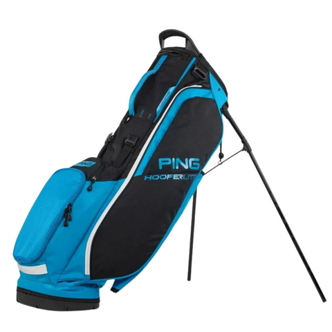 The Ping HooferLite 231 Stand Bag features a blue and black design, multiple zippered pockets, two sturdy legs for support, and a lightweight build for easy carrying on the golf course.