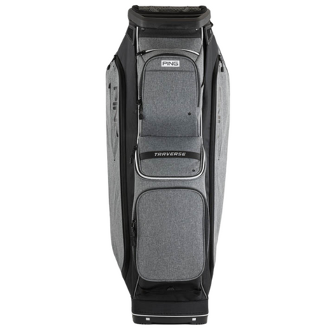 The Ping Traverse 244 Cart Bag in grey and black features multiple zippered compartments, a 14-way divider top, and "TRAVERSE" on the front pocket, shown upright on a white background.