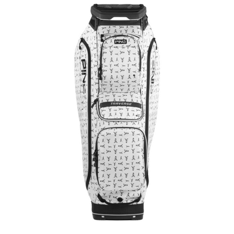 The Ping Traverse 244 Cart Bag is a lightweight white bag with black accents and small golfer silhouettes, featuring a 14-way divider top, several zippered compartments, and a sturdy base.