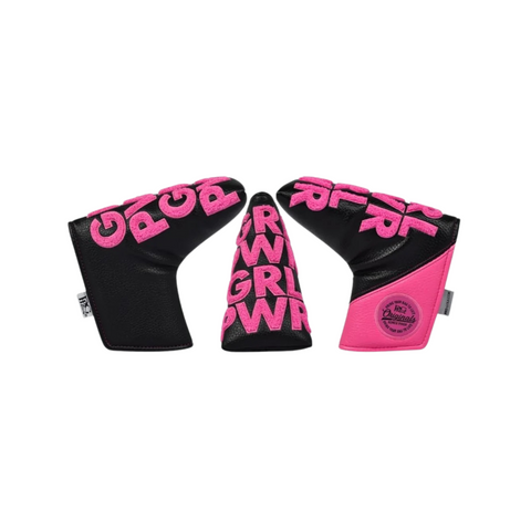 Three PRG Originals 2025 Girl Power Blade Putter Headcovers are shown side by side, each with bold pink “GRL PWR” lettering and vibrant pink details—a stylish addition to your PRG putter headcover collection.