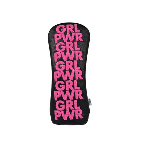 The PRG Originals 2025 Girl Power Driver Headcover by PRG features black, durable leatherette with “GRL PWR” boldly embroidered in pink, making a striking statement of empowerment on the course.
