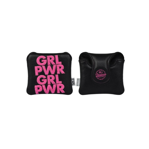 The PRG Originals 2025 Girl Power Mallet Putter Headcover by PRG is a black, square cover with “GRL PWR GRL PWR” in bold pink and a purple patch—showcasing style and statement as a golf headcover.