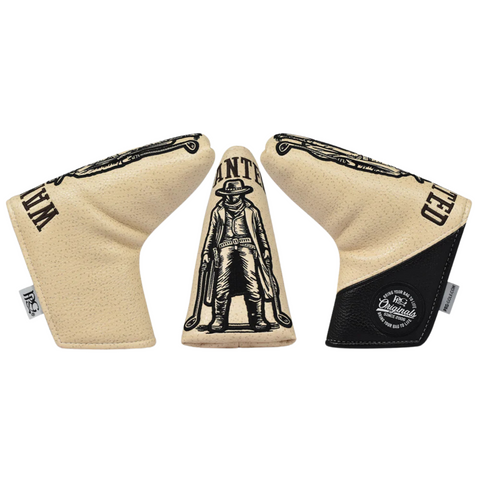 Three PRG Originals 2025 Most Wanted Blade Putter Headcovers by PRG, in tan and black leatherette, display a cowboy-themed Wanted poster design with WANTED text and a PRG Originals patch on the side.