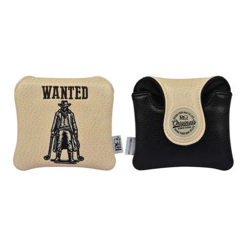 The PRG Originals 2025 Most Wanted Mallet Putter Headcover by PRG features a beige pouch with a WANTED cowboy design and a black pouch with a beige flap and circular logo—stylish, unique golf headcover options.