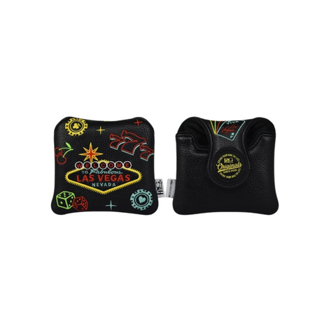 The PRG Originals 2025 Neon Vegas Mallet Putter Headcover by PRG features black durable leatherette with neon Las Vegas-themed embroidery—signs, dice, chips, and “Welcome to Fabulous Las Vegas Nevada”—plus a magnetic closure.