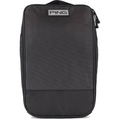 The Ecco Ping Shoe Bag is black and rectangular with a zippered closure, mesh-texture ventilated front panel, and a top carrying handle.