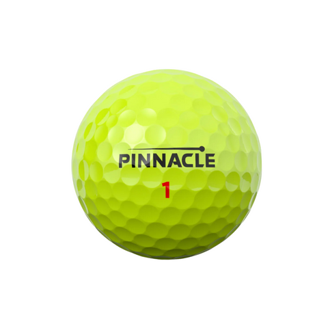 A yellow Titleist Pinnacle 2025 Distance Golf Ball with a high-energy core, featuring PINNACLE in black and a red number 1, designed for longer drives on a white background.