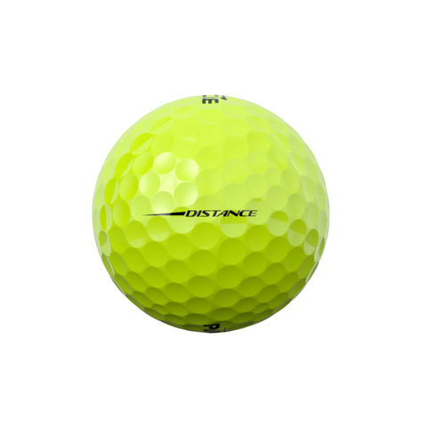 A bright yellow Titleist Pinnacle 2025 Distance Golf Ball with a dimpled surface and DISTANCE in black across the middle, featuring a high-energy core for longer drives, shown on a white background.