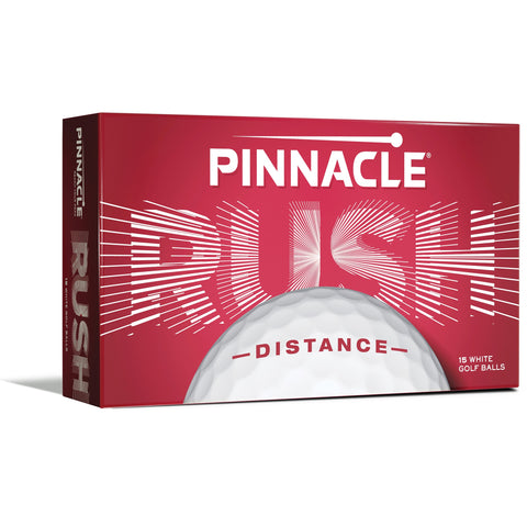 A Pinnacle Rush Golf Balls - White box displays bold white text and a golf ball graphic. Inside are 15 Pinnacle distance balls, each engineered with a high-energy core for maximum performance.