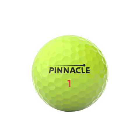 A Pinnacle Rush Golf Ball - Yellow by Pinnacle, featuring black PINNACLE lettering and a red number 1, has a dimpled texture for extra distance and is displayed against a white background.