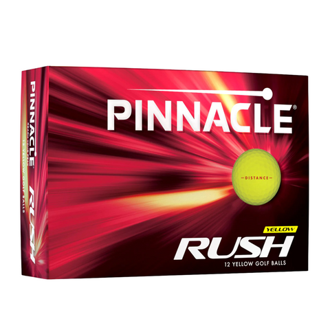 A box of Pinnacle Rush Golf Balls - Yellow by Pinnacle, featuring 12 yellow golf balls for distance in a package with bold PINNACLE and RUSH branding plus a yellow golf ball graphic.