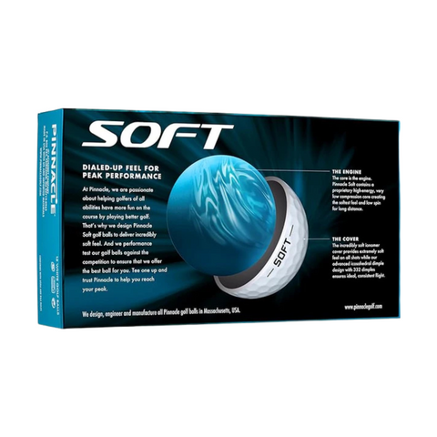 A blue box of Pinnacle Soft White Golf Balls showcases Pinnacle branding and an image of a soft-feel ball, highlighting the exceptional feel, cover, and core of these golf balls.