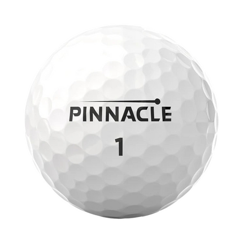 A close-up of Pinnacle Soft White Golf Balls, showcasing their dimpled texture, the PINNACLE logo, and the number 1 in black—emphasizing this Pinnacle product’s reputation for a soft feel.
