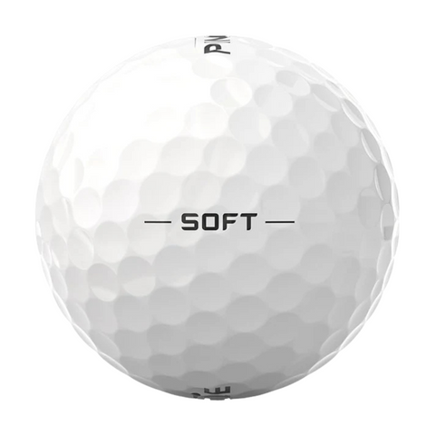 A close-up of a Pinnacle Soft White Golf Ball by Pinnacle, featuring a dimpled surface and the word SOFT in bold black letters—perfect for golfers who prefer soft feel golf balls.