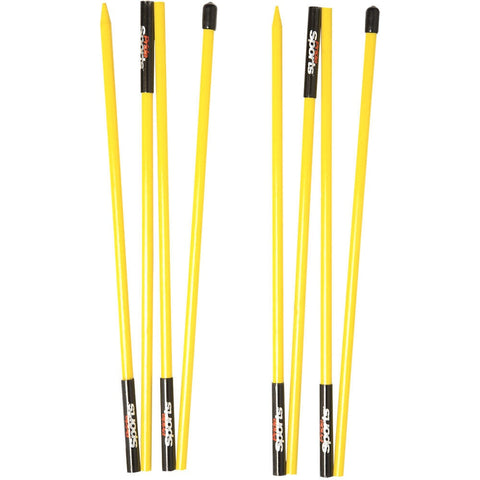 Six yellow Pride Collapsible Alignment Sticks with black caps and stripes stand upright against a white background—ideal golf training aids for improving swing path.