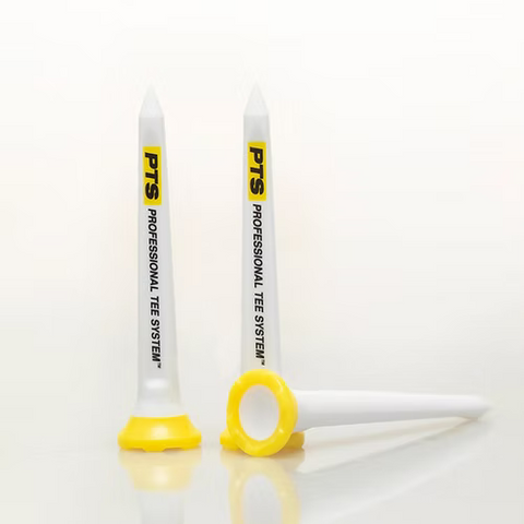 Two white Pride PTS MaxxPro 2.0 Oversize Plastic Tees with yellow tops—one upright, one lying down—rest on a white surface. Both are durable and display PTS PROFESSIONAL TEE SYSTEM in black text.